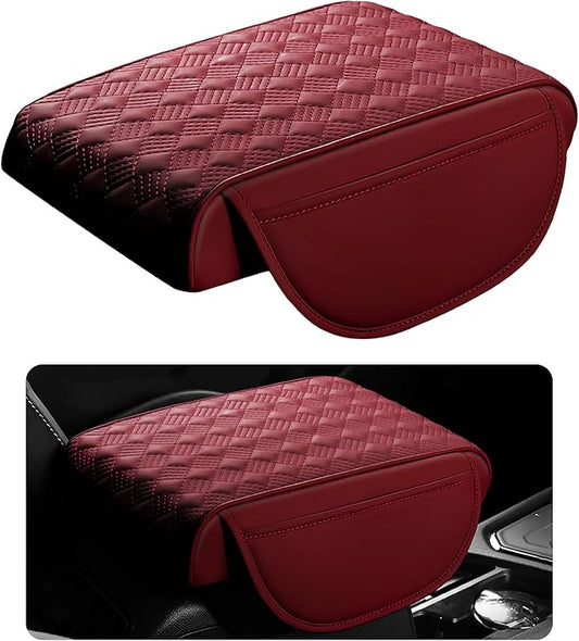 Car Armrest Cushion, 12.2"×8.3" Leather Auto Memory Foam Center Console Pad with Storage Pocket, Waterproof & Anti-Scratch Elbow Pillow Armrest Seat Box Protector, Universal Fit (Red)