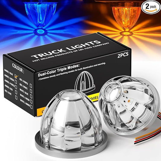 2-Pack Dual Color Watermelon Lights LED Strobe & Steady Mode, Roof Clearance Warning Marker Lights with Clear Lens & Bezel Suitable for Trailer Kenworth Peterbilt Freightliner (Amber Blue)