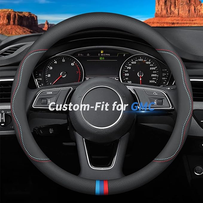 Custom-Fit for GMC Steering Wheel Cover, Premium Leather Car Steering Wheel Cover with Logo, Non-Slip, Breathable, for GMC Accessories (C-Style,for GMC)