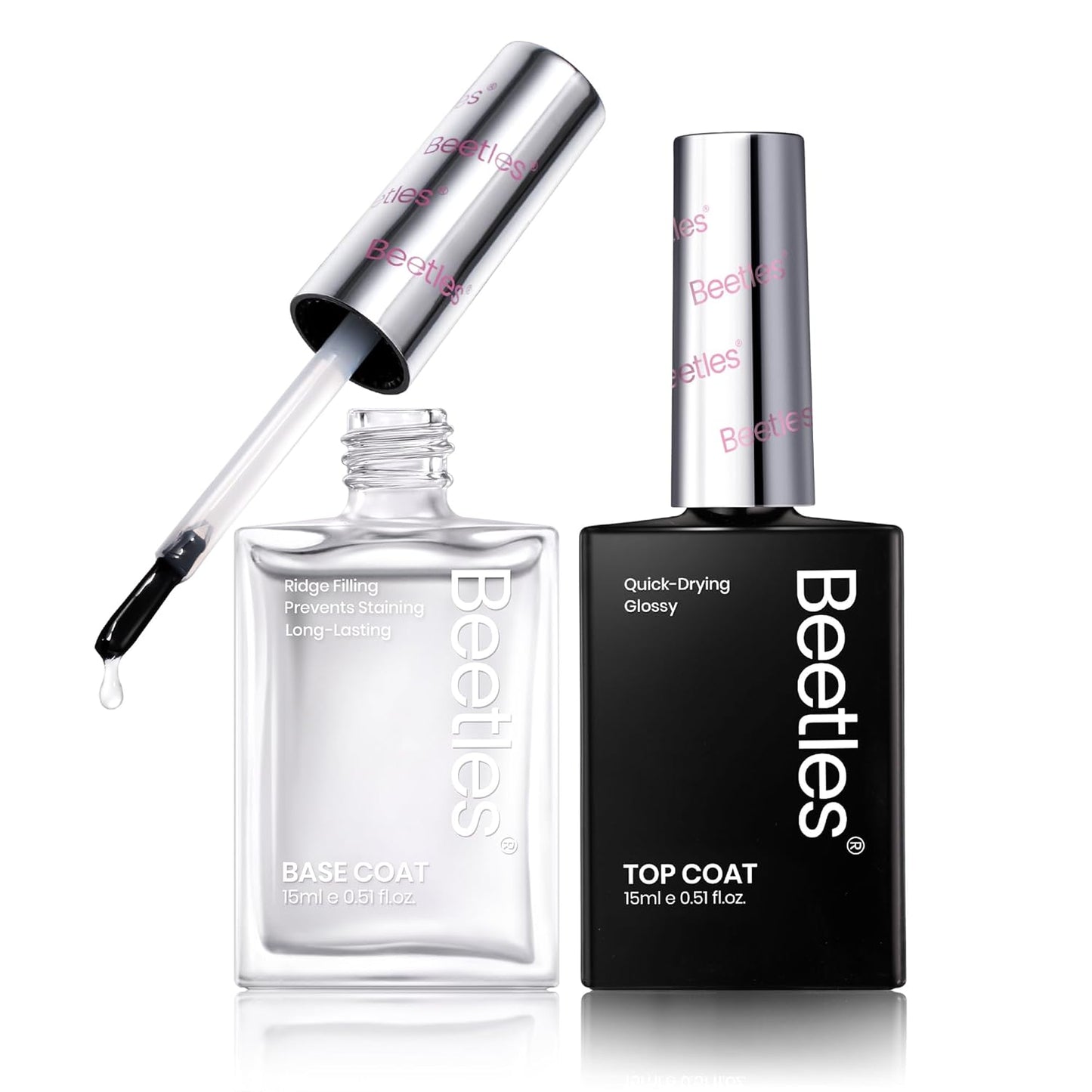 Beetles 2Pcs 15ml Nail Polish Top Coat and Base Coat Set, Fast Drying & Long Lasting Shine Clear Nail Polish, 3 IN 1 Protects Nails, Enhances Glossy and Nourishes Nails