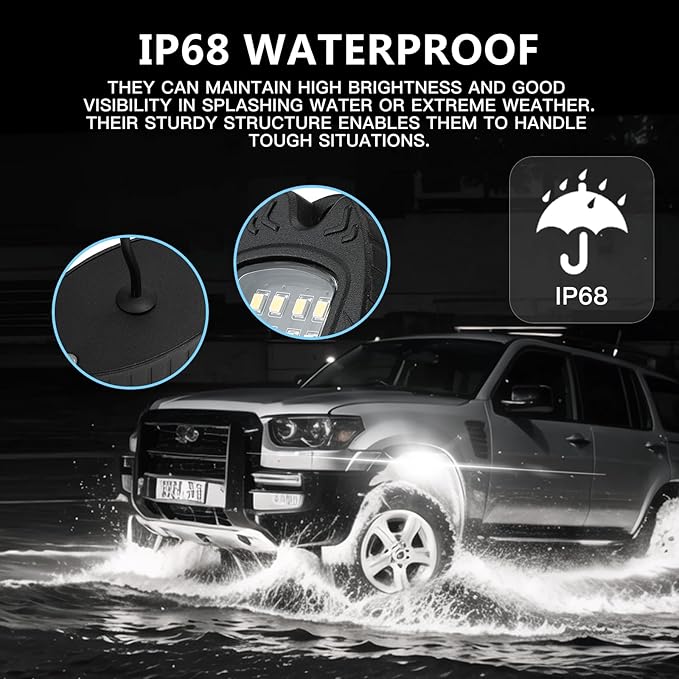 4 Pods Pure White LED Rock Lights, IP68 Waterproof Aluminum 6500K Bright White Underglow Light with Extension cord Harness,12V Metal Fender Lights for ATV UTV SXS RZR Car Golf Cart Trucks Off Road Etc