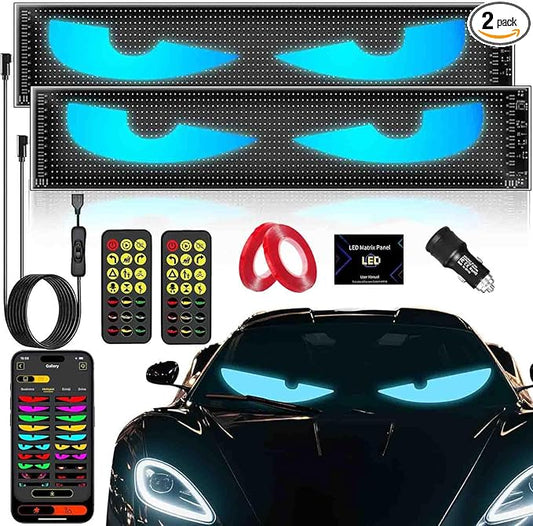 2PC 5800 Lux High-Brightness Devil Eyes LED Light Strips for Cars/Trucks/SUVs - 23.6"x4.73" Customizable Windshield Decoration with App Control, IP68 Waterproof, USB-Powered
