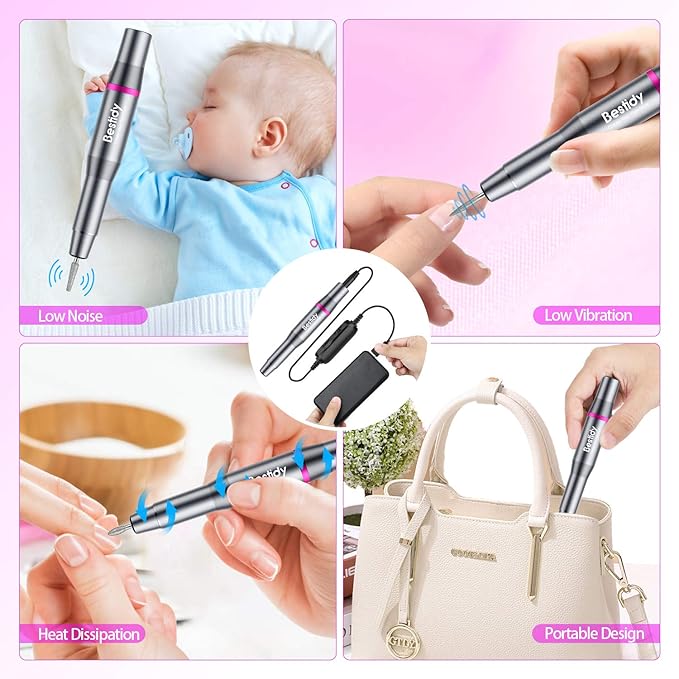 Bestidy Best Gift Electric Nail Drill Kit, USB Manicure Pen Sander Polisher with 6 Pieces Changeable Drills and Sand Bands for Exfoliating, Polishing, Nail Removing, Acrylic Nail Tools (B-Black)