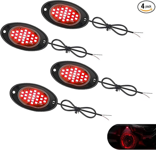 4 PCS LED Rock Lights Kits, Super Bright Ambient Underglow Lights, Waterproof LED Rock Light Kit, Universal Undercar Light for Pickup Off Road RZR SUV ATV UTV Car (Red)