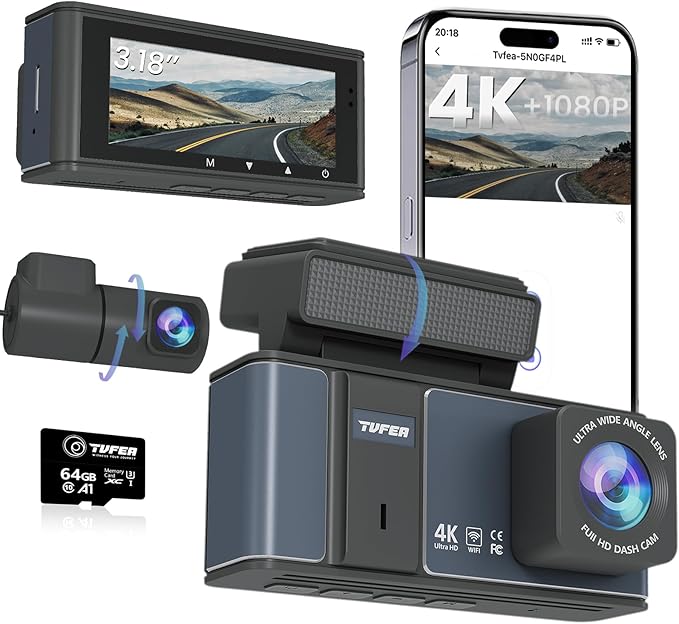Dashcam Front and Rear Camera,TVFEA Dash cam 4K,Dual Dash Camera for Cars with Wi-Fi,3.18" LCD Screen,64GB Card,APP Control,Night Vision,WDR,Metal Shell,24H Parking Mode,G-Sensor,Loop Record