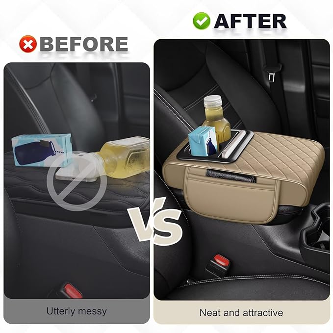 Center Console Cover Fit for Venza Faux Leather Car Armrest Cushion with Storage Bags, Cup Holder ＆ Phone Storage Multifunctional Middle Console Cover(Beige)