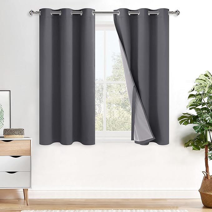 XWZO 100% Blackout Curtain Panels - Thermal Insulated Black Liner Curtains, Noise Reducing and Heat Blocking Drapes for Hall and Studio Windows with Tiebacks, Dark Grey, W42 x L54, Set of 2