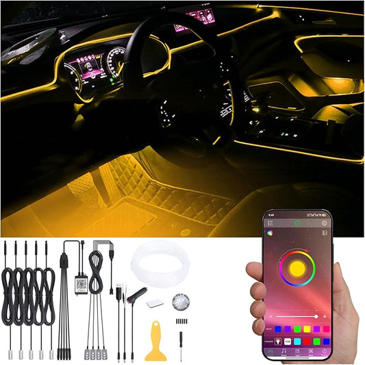 6 Meters Optic Fiber Car Ambient Footwell Lighting with Bluetooth App Control 64 Colors Multicoloured Music Interior Lighting Kit DC 12V 1W
