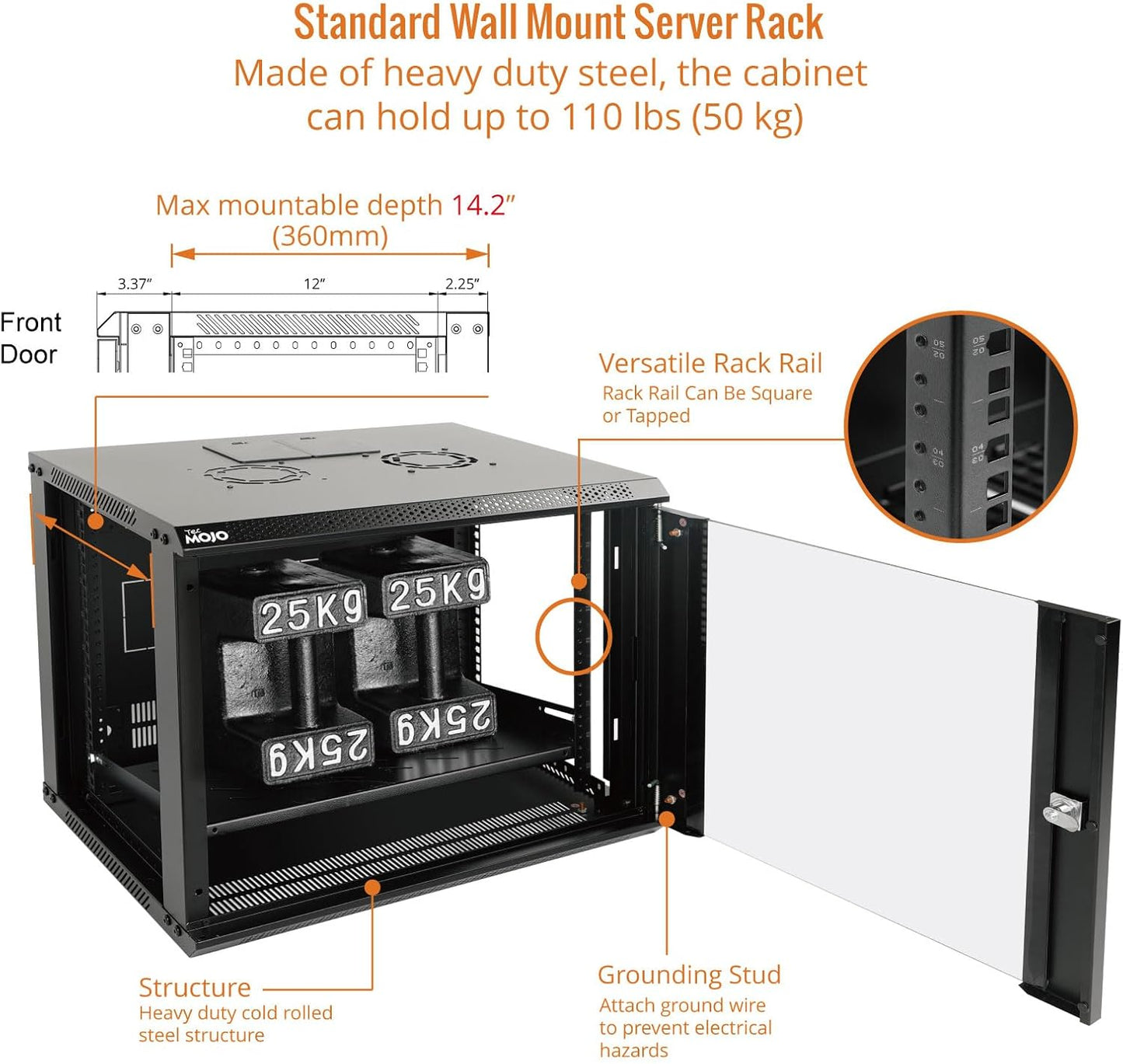 Tecmojo 9U Wall Mount Server Cabinet IT Network Rack Enclosure Lockable Door and Side Panels Black,Cooling Fan, Glass Door, 17.7inch Depth,for 19” IT Equipment, A/V Devices