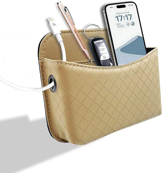 Car Door Organizer, PU Leather Storage Pouch with Strong Sticky Back for Phone, Keys - Fits Car Seat Side Pocket & Console Gap, Universal Car Accessories - Beige