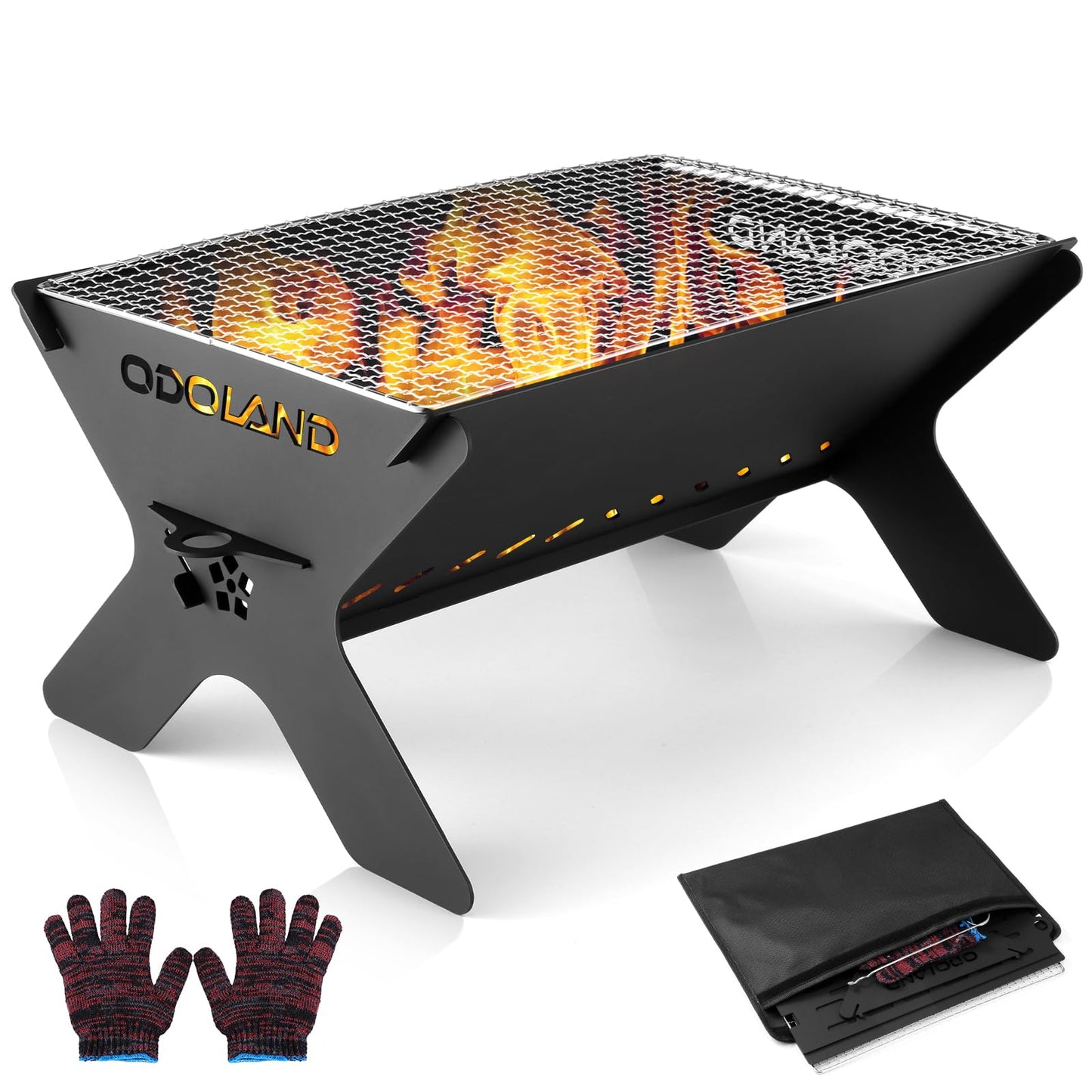 Odoland Camping Campfire Grill, Portable Folding Charcoal Grills, Backpacking BBQ Grill, Heavy Duty Firepit Grill with Carry Bag for Outdoor Cooking, Bonfire, Patio, Backyard
