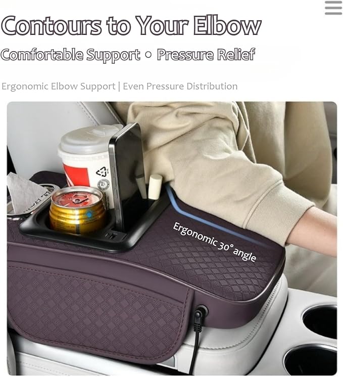 2026 Upgraded Car Center Console Cushion with 30w USB& Type-C Charging Ports, Leather Car Armrest Pad Cover, Interior Accessories for Most Vehicles (Classic Flat Version, Beige)