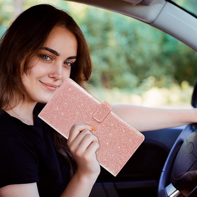 RSAquar Car Registration & Insurance Holder, Vehicle Glove Box Organizer, Cool Accessories for ID, Driver License Cards & Essential Documents, Glitter Rose Gold