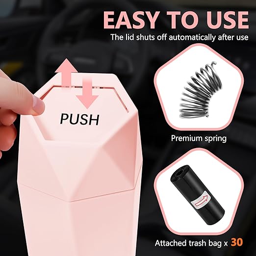 Car Trash Can with Lid - 2-Pack, Interior Accessories for Vehicles, Leakproof Garbage Can with 30 Detachable Trash Bags, Multipurpose Organizers and Storage Solutions for Home and Office (Pink)
