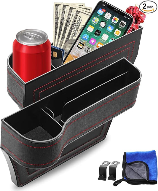 Car Seat Gap Filler, 2 Pack Car Seat Organizer with Cup Holder, Car Seat Gap Filler Organizer with 2 Seat Back Hooks for Phones, Keys, Cards, Canned Drinks, Ideal for Car storage Box