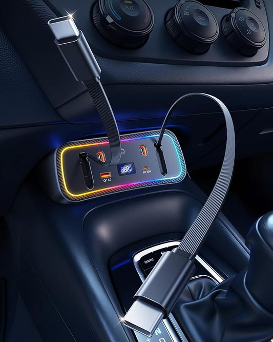Car Charger Usb Hub with RGB Light for 2026 2025 2024 2023 2022 2021 2020 Toyota Corolla Accessories, 4-Port Docking Station with Retractable Cable, Phone Fast Charging Hub with Voltage Display