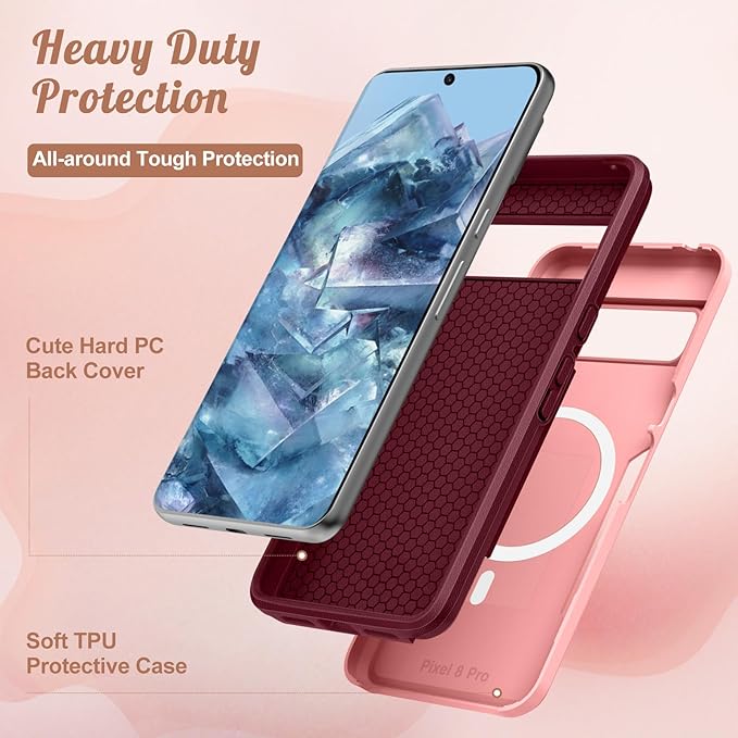 for Google Pixel 8 Pro Case - Compatible with MagSafe Women Girls Cute Magnetic Protective Cover Girly Kawaii Unique Pretty Heavy Duty Shockproof Design for Google Pixel 8 Pro Phone Cases