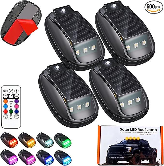 Solar-Powered Car Roof Light – Waterproof, Remote Control & Easy Installation, Solar Car Roof Light Kit, 8 Colors Wireless LED Strobe Lights with Remote Control for Trucks, Motorcycle, Vehicle (4pcs)