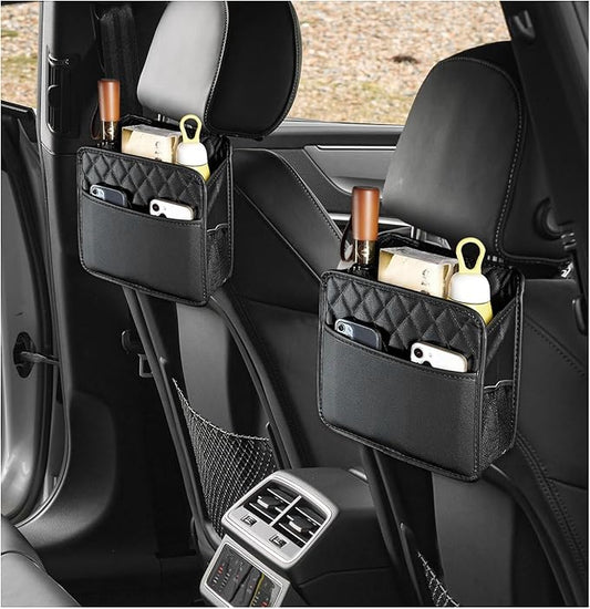 2PCS Car Seat Back Organizer, Waterproof Leather Hanging Backseat Organizer with Storage Pockets, Large Capacity Auto Trash Bag Collapsible Document Holder for Most Vehicles