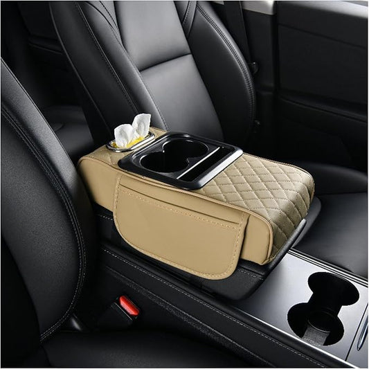 Car Armrest Storage Box for Nissan Hardbody (D21) 1986–1997, Center Console Organizer with Side Pocket, Ergonomic Memory Foam Armrest Cushion, Car Elbow Support Pad,E Beige