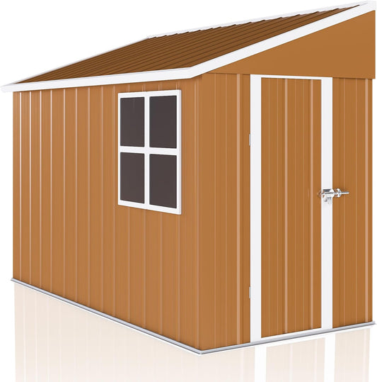 8 x 4 FT Outdoor Lean to Storage Shed, Metal Garden Tool Shed with Slooping Roof, Lockable Doors and Windows, All-Weather Weatherproof Blike shed for Garden, Patio, Lawn, Yellow