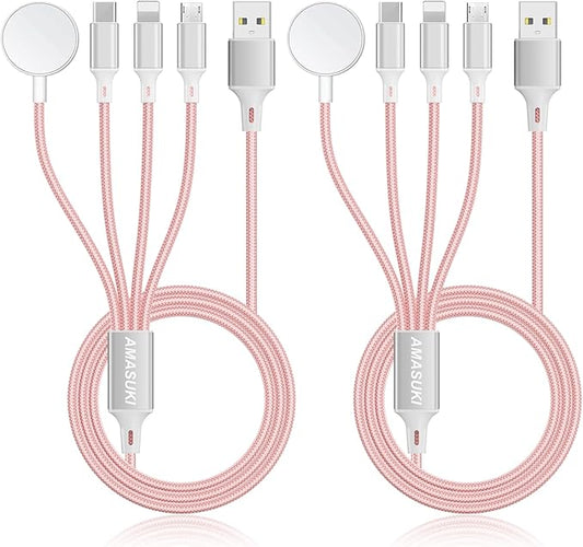 2Pack Multi Charging Cable for Apple Watch Charger 4 in 1 Travel Essentials RV Camping Essentials USB C/L/Micro Compatible with iWatch Series 11-1/iPhone 17/16/15/Android Airplane Gadgets-4FT/Pink