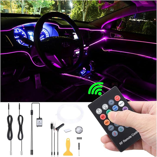 Car Interior Strip Lights, 2 in 1 Multicolor RGB Car Ambient Lighting Kit, 3m Fiber Optic EL Neon Tube Light, DIY Mode Music Sync RF Remote Control DC 12V