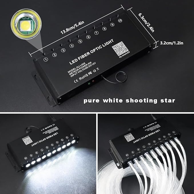 AMKI 100pcs*0.04in*13.1ft Pure White Shooting Stars Effect Fiber Optic Lights Kit,10Holes LED 5W Meteor Light Engine with Bluetooth+RF Remote Control 20 Meteor Modes
