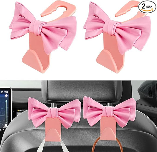 2PCS Car Purse Hooks, Car Hooks for Purses and Bags Cute, Cute Bow Shaped Vehicle Backseat Storage Hanger, Auto Leather Bow Back Seat Storage Hanging Holder Universal for Women Girls (Pink)