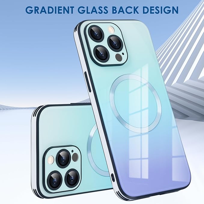 Guppy Compatible with iPhone 16 Pro Case Magnetic, with Full Camera Lens Protector [Compatible with MagSafe] Scratch Resistant Gradient Glass Back Cover Phone Case-Blue
