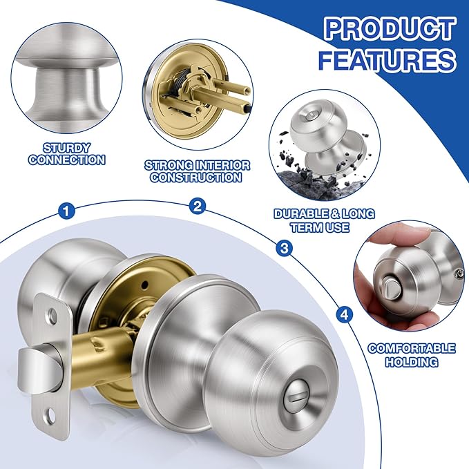 Plustool 6 Pack Brushed Nickel Door Knobs,Privacy Door Knob with Lock, Interior Doorknobs Silver, Keyless Door Locks Set for Bedrooms Bathrooms, Reversible for Left/Right Door Handle