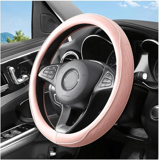 Car Steering Wheel Cover, 14.5-15" Breathable Soft Leather Vehicle Steering Wheel Protector with Anti-Slip Lining, Comfortable Auto Interior Decoration Accessories, Universal Fit (Pink)