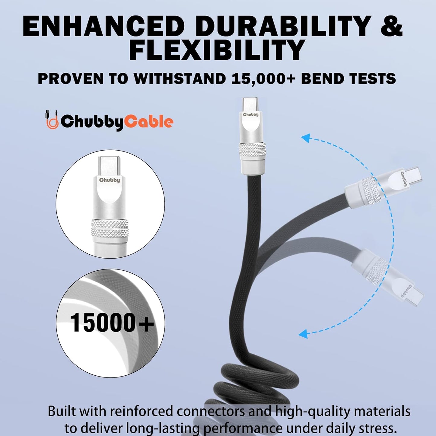 chubbycable Curly Chubby - Retractable Fast Charging Cable 240W Coiled Charger Cord for Car Durable USB-C Cable for Phones, Tablets and More, Purple, USB-A to Type-C, 1.3FT-2.3FT