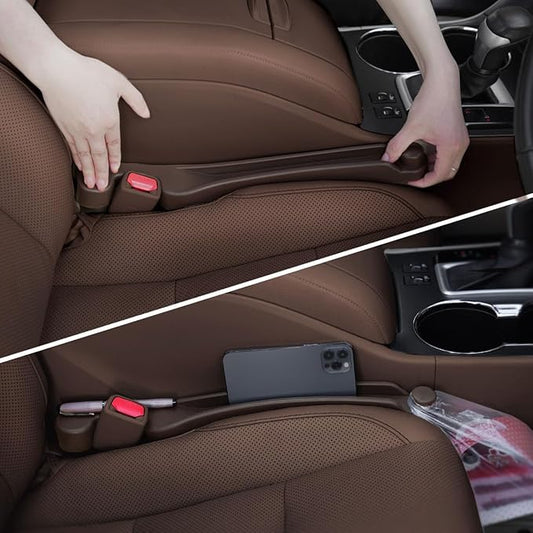 Car Seat Gap Filler Set of 2, 3IN1 Seat Side Gap Filler Plug with Storage Slot & Hook Function, Soft Foam Universal Fit Car SUV Truck Fill Gap Between Seats Console Organizer（Narrow Deep Brown）