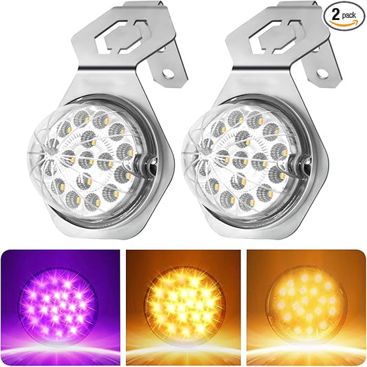2PCS 17 LED Watermelon Lights with Stainless Steel Bracket, Dual Revolution Turn Marker Light Amber to Purple with Mounting Plate for Freightliner Kenworth Peterbilt Trailer Heavy Truck