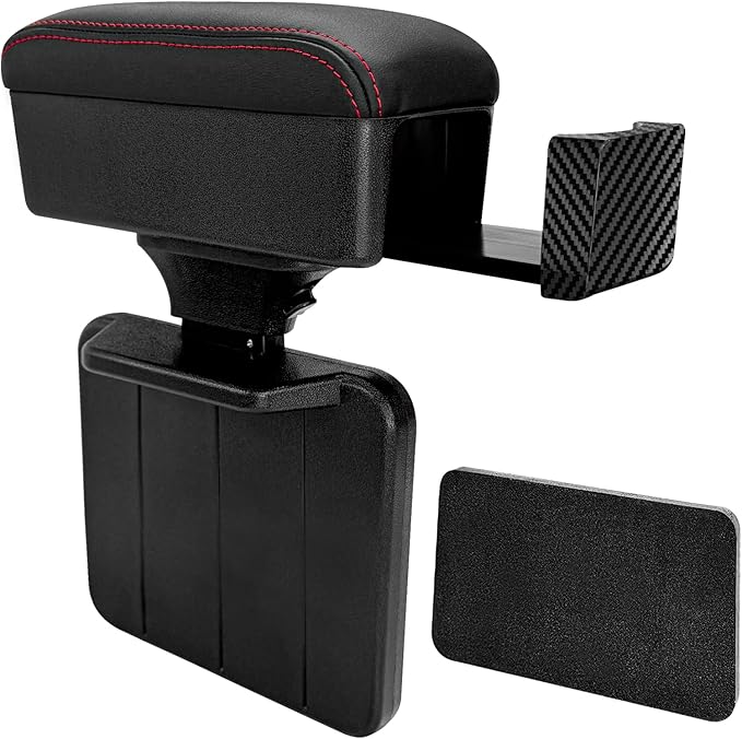 Car Armrest Storage Box with Cup Holder, Adjustable Leather Auto Seat Gap Filler Armrest Extender Pad, Liftable Forearm Wrist Support Center Console Storage Case for SUV Truck (Black & Red)