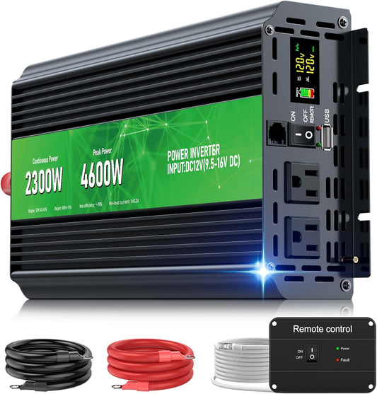 2300W Power Inverter,Peak Power 4600W 12V DC to AC 110V120V,Remote Control with 2AC Outlets and 2.4USB Port,LED Display for Power Converter,Outdoor Activities,Emergency,Vehicles Truck RV Solar System