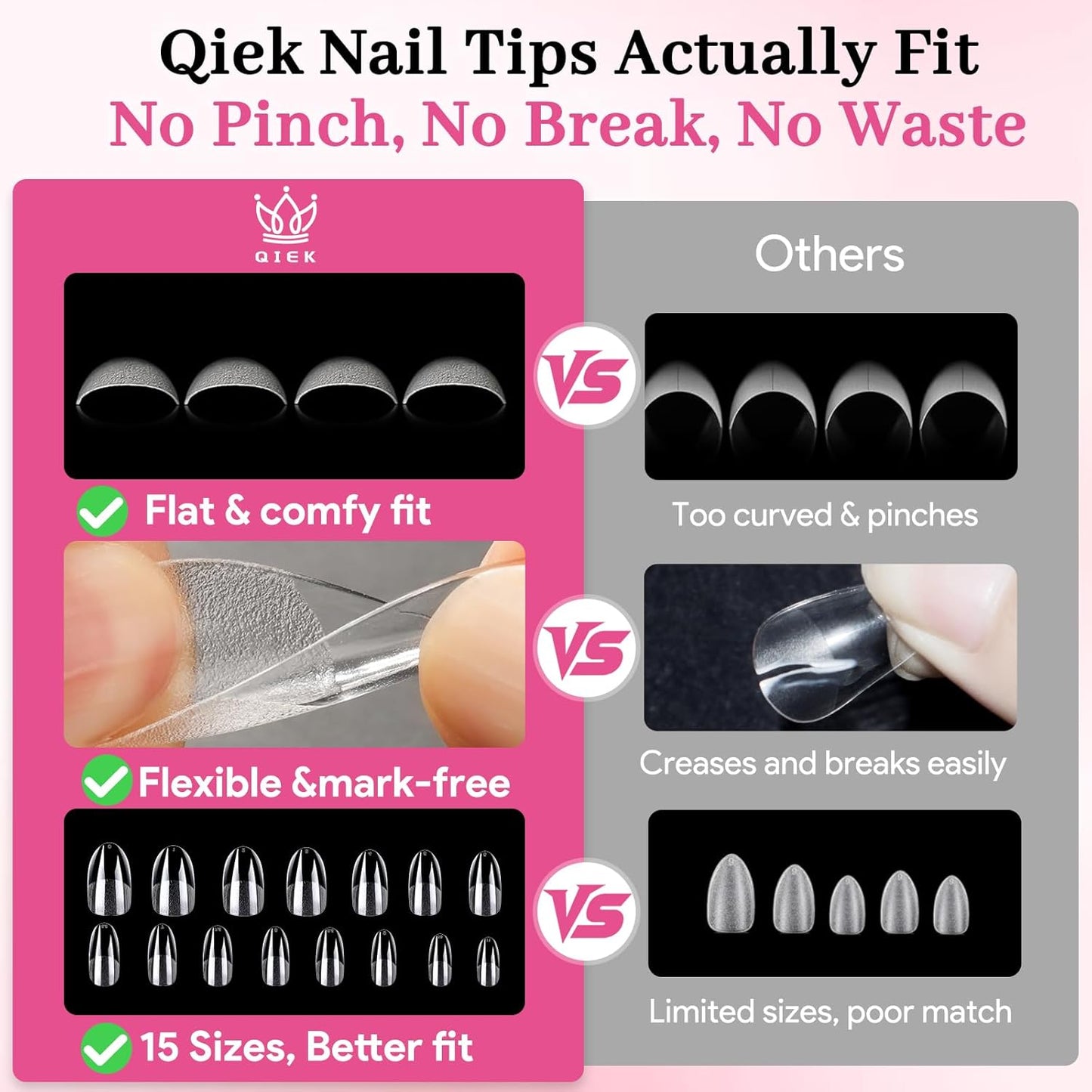 Medium Round False Nail Tips, 15 Sizes 510 PCS Clear Soft Press On Fake Nail Pre-shaped Half Matte Full Cover Gel Nail Tips Extensions Strong Thick Long Lasting for DIY Beginners & Salon Manicure