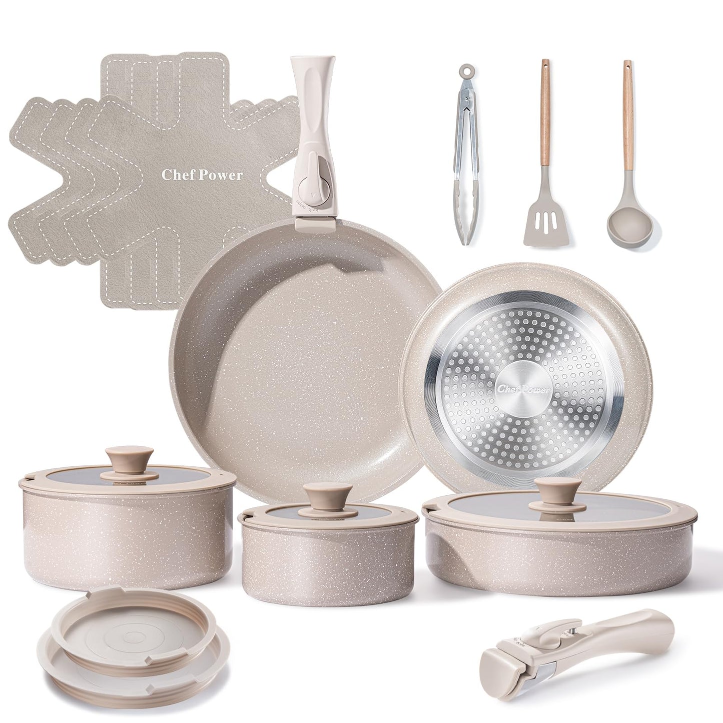 Chef Power Ceramic Nonstick Pots and Pans Set 19 Piece with Detachable Handle, Induction Dishwasher Oven Safe Cookware Set, RV Kitchen Set Removable Handle, Mocca Taupe