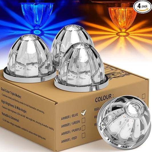 4-Pack Dual Color Watermelon Lights LED Strobe & Steady Mode, Roof Clearance Warning Marker Lights with Clear Lens & Bezel Suitable for Trailer Kenworth Peterbilt Freightliner (Amber Blue)