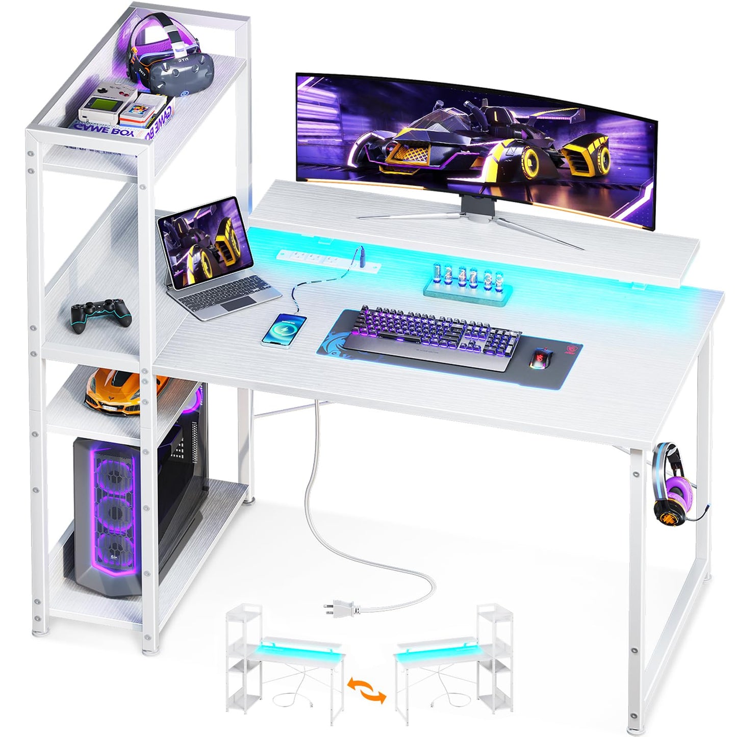 ODK Reversible Gaming Desk with USB Charging Port and LED Lights, 40 Inch Computer Desk with Storage Shelves & Monitor Stand, Writing Study Table for Home Office, Small Space Bedroom, White