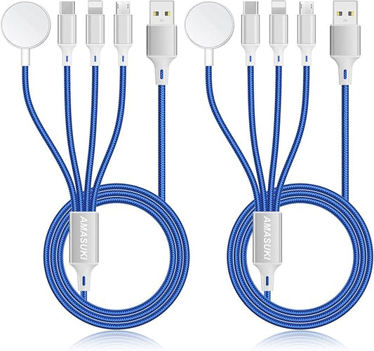 2Pack Multi Charging Cable for Apple Watch Charger 4 in 1 Travel Essentials RV Camping Essentials USB C/L/Micro Compatible with iWatch Series 11-1/iPhone 17/16/15/Android Airplane Gadgets-4FT/Blue