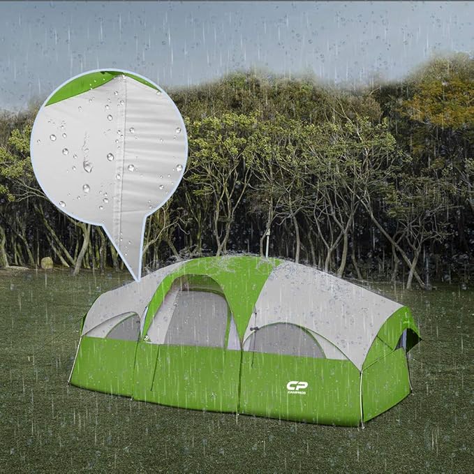 CAMPROS CP Tent 8 Person Camping Tents, Weather Resistant Family Tent, 5 Large Mesh Windows, Double Layer, Divided Curtain for Separated Room, Portable with Carry Bag