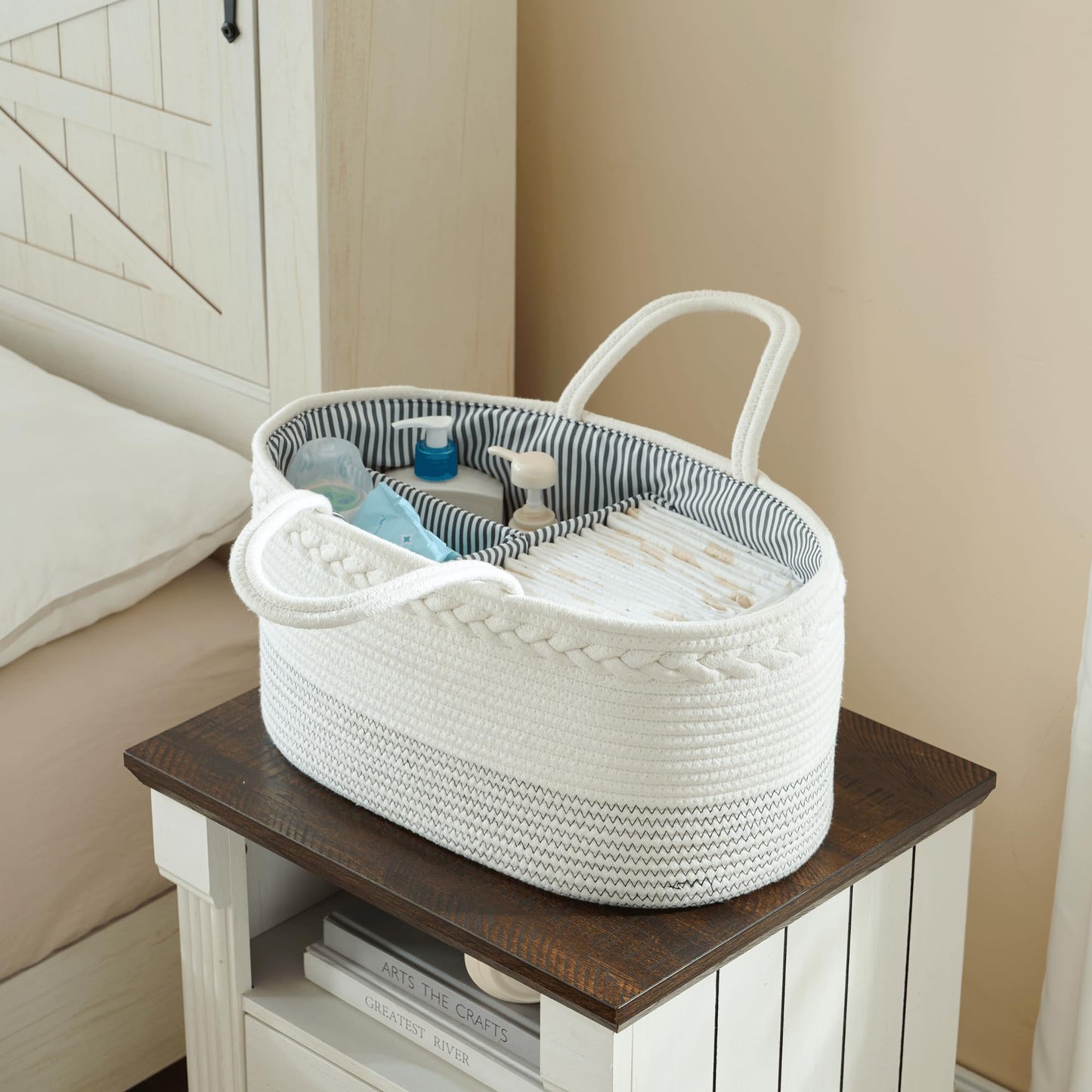 luxury little Diaper Caddy Organizer, Large Cotton Rope Nursery Baby Basket, Changing Table Organizer for Baby Diaper Storage, Portable Car Organizer with Removable Divider, Baby Shower Gifts - White