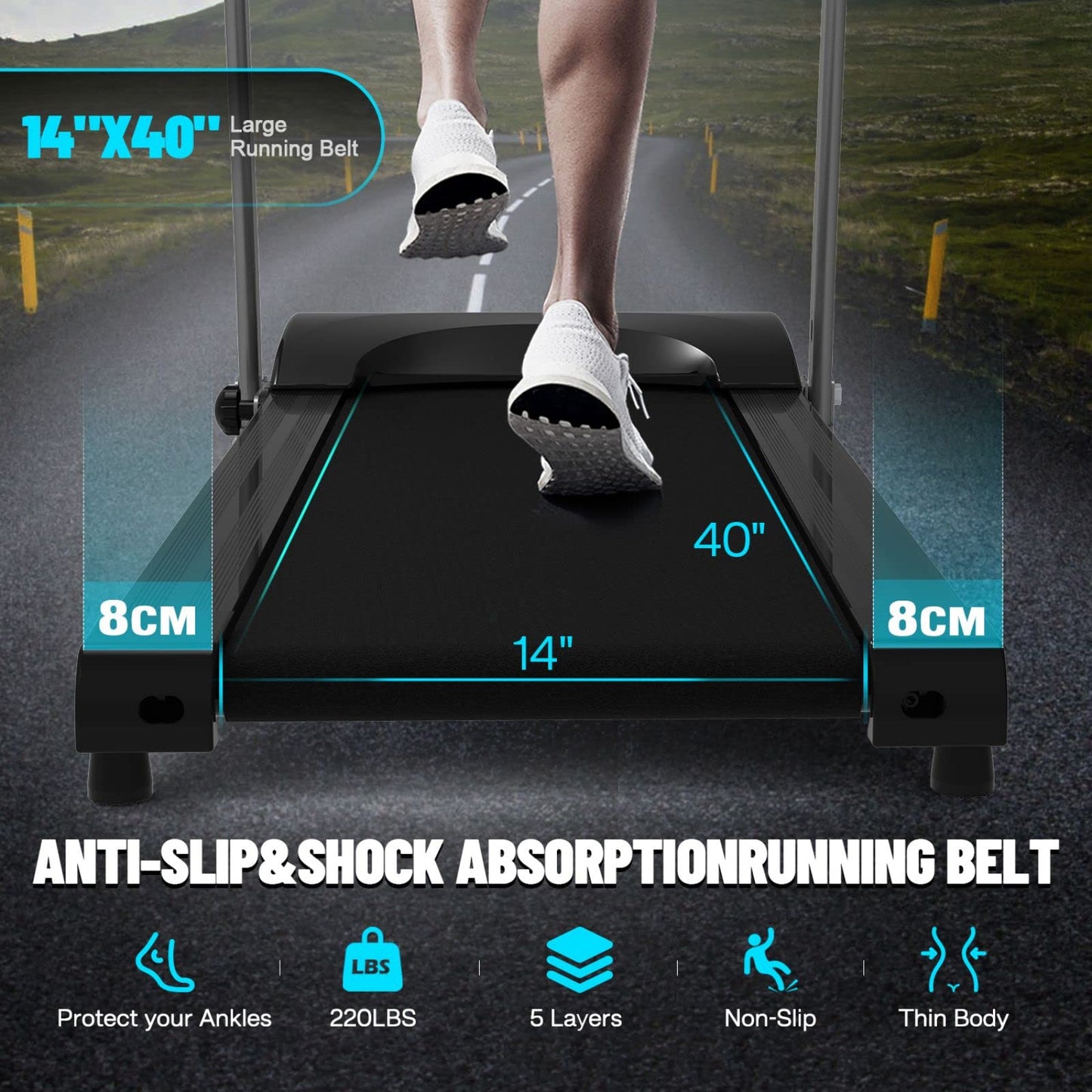 HomJoones Home Foldable Treadmill with Incline, Folding for Workout, Electric Walking Machine 15 Preset or Adjustable Programs 250 LB Capacity MP3 Black, 48/''*24/''*48/''