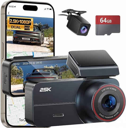 2.5K Dash Cam Front and Rear with 64GB Card, Car Camera WiFi & GPS, 3.39" IPS Screen, WDR Night Vision, Parking Monitor, G-Sensor Dash Camera