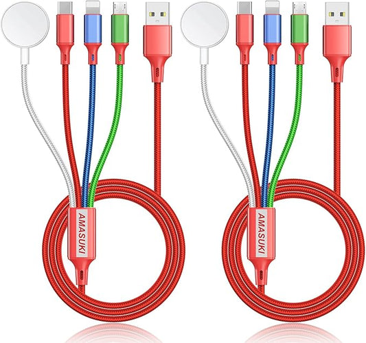 2Pack Multi Charging Cable for Apple Watch Charger 4 in 1 Travel Essentials RV Camping Essentials USB C/L/Micro Compatible with iWatch Series 11-1/iPhone 17/16/15/Android Airplane Gadgets-4FT/Red