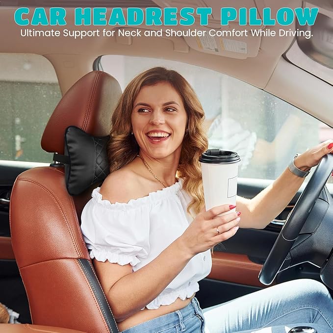 Set of 2 Quilted Faux Leather Car Headrest Pillow, Black Case/Black Threading, Ergonomic Neck Support for Comfortable Driving
