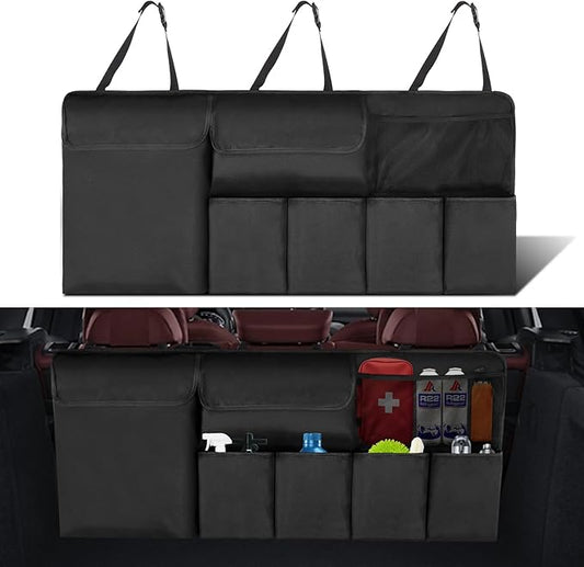 Car Trunk Organizer, Backseat Hanging Organizer with Storage Pockets for SUV, Truck, Van, Collapsible Trunk Organization for Car Accessories (Black, 43" x 18.5")