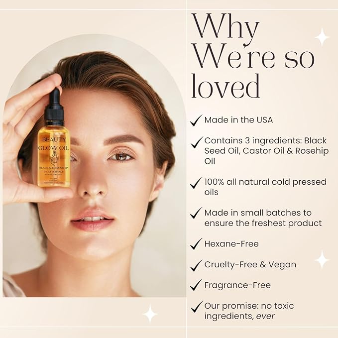 Black Seed Oil, Rosehip Oil, Castor Oil Organic Cold Pressed for Face Anti-Aging Miracle Facial Moisturizer Serum Natural Skincare Fortifying Hydrates Skin Moisturizing Beauty Glow Oil 1 Fl Oz/30mL